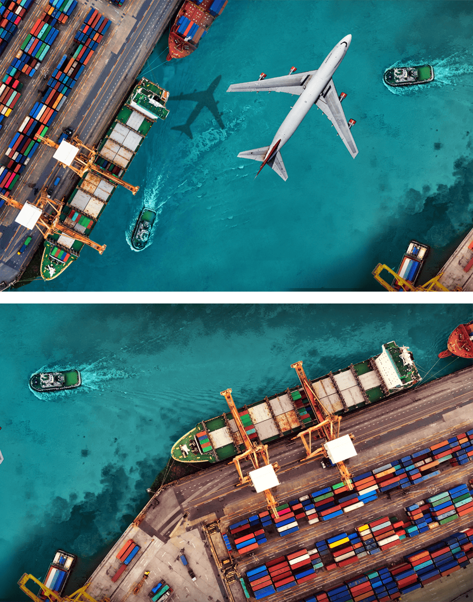 Overhead view of plane and embargo ports with ships docked and containers spread around