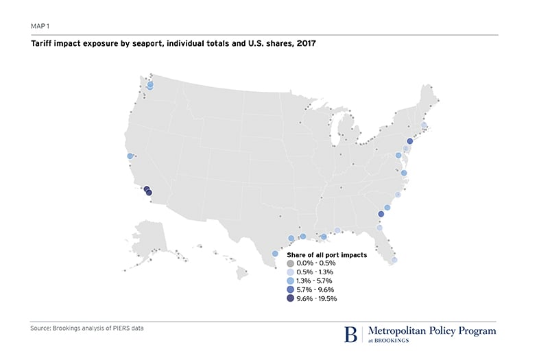 Tariff impact exposure by seaport, individual totals and U.S. shares, 2017